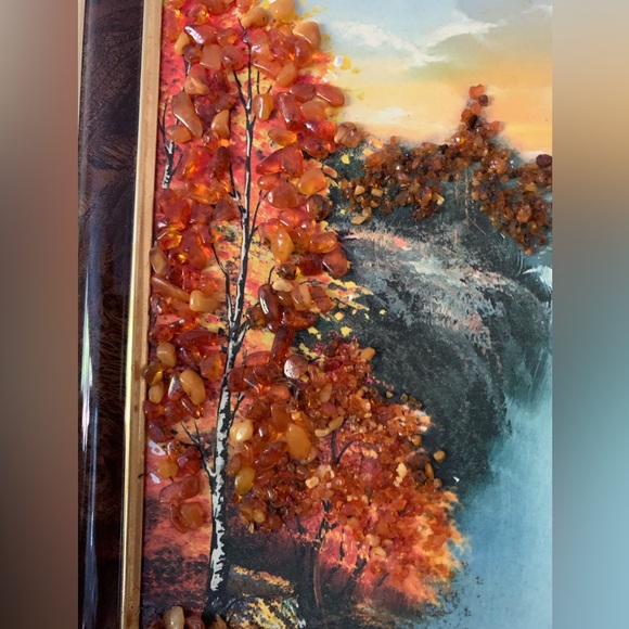 Painting: Amber Trees, Waterfall. 13x17in framed. Handmade in Latvia 🇱🇻 - Picture 4 of 7